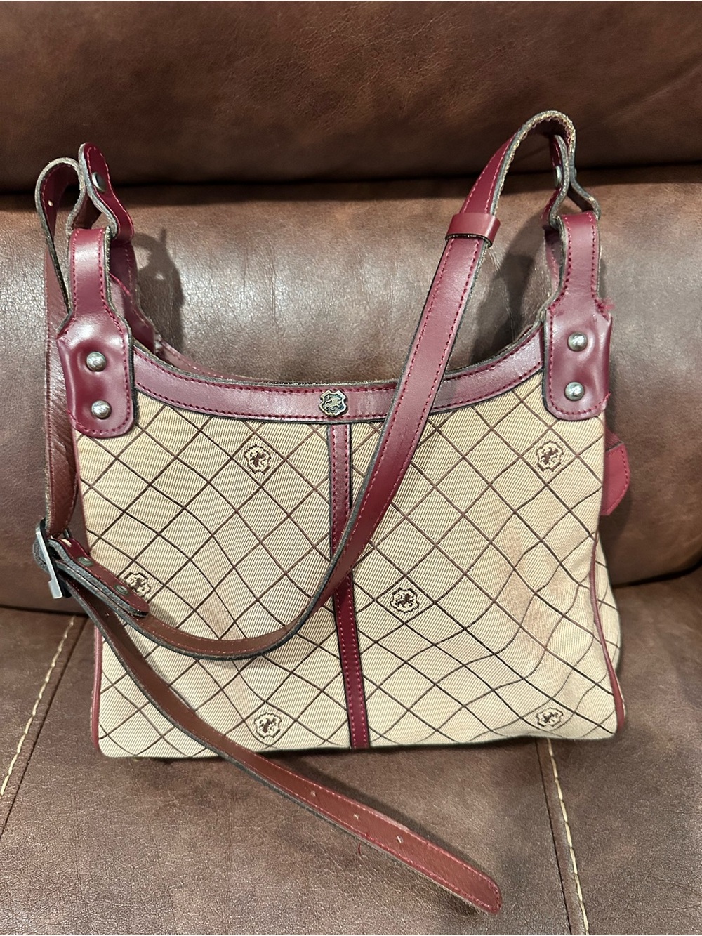 John Romain vintage Patterned Canvas Shoulder Bag with Burgundy Trim